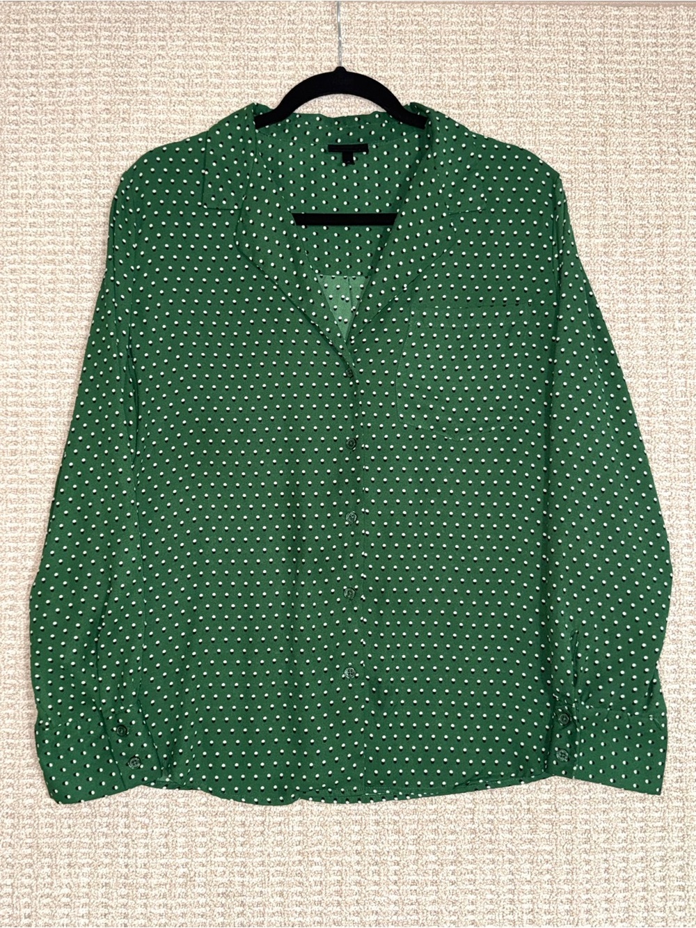 Who What Wear Forest Green Polka Dot Button-Down Shirt Women’s Size XL